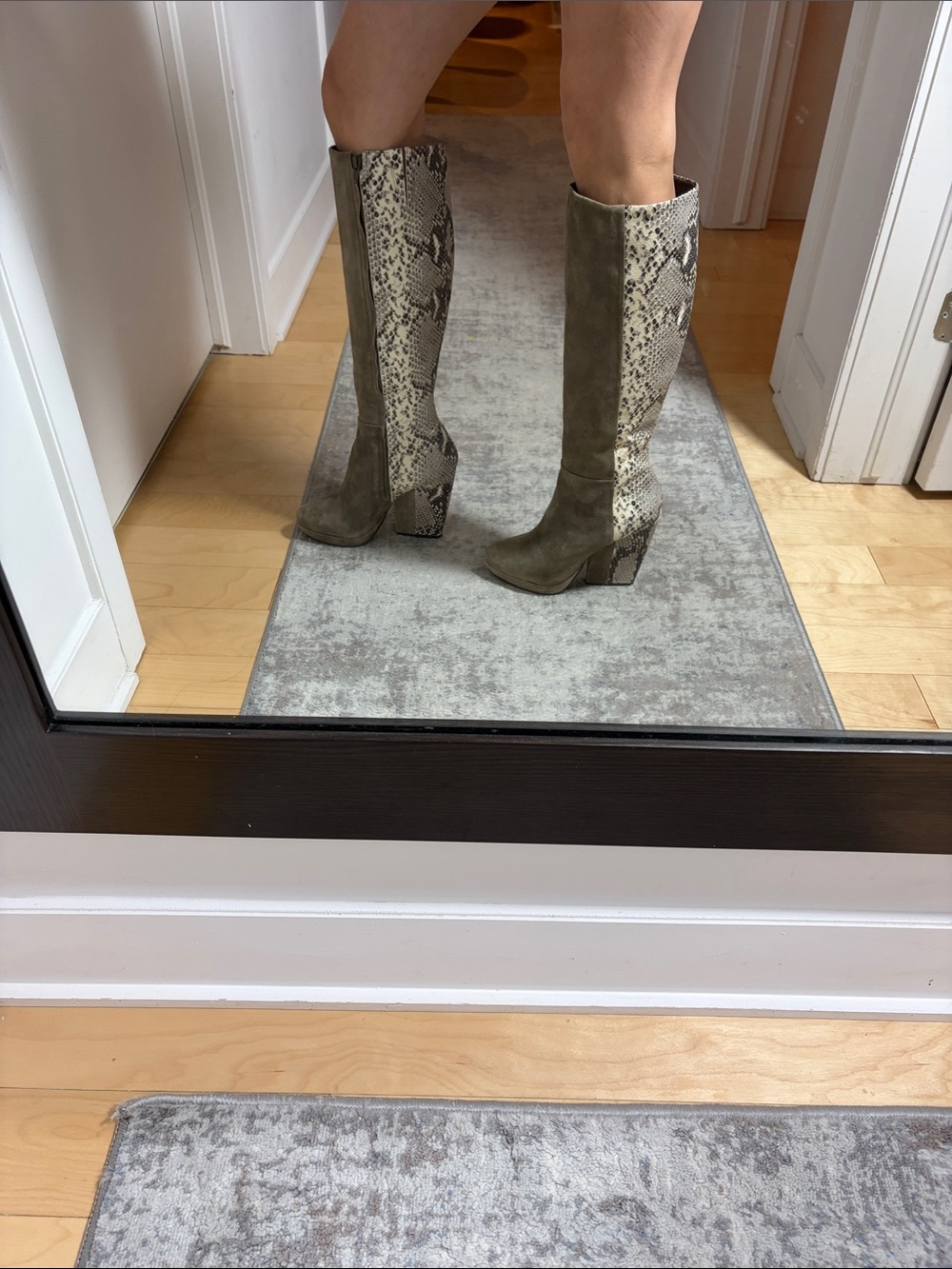 Pour la Victoria Knee-High Olive Suede and Snake-Print Wedge Boots